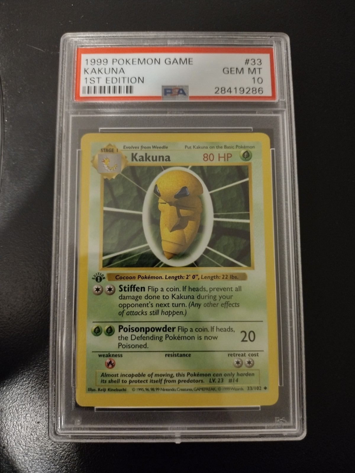 1999 POKEMON BASE SET 1ST EDITION #33 KAKUNA PSA 10