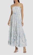 Mac Duggal 8265 Size 12 Blue and White Strapless Ruffle Floral Cotton Midi Dress