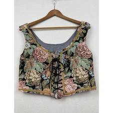 Vintage Renaissance Tapestry Lace Up Corset Vest Floral Top L/XL Gold Trim