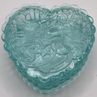 Fenton Glass Aqua Hummingbird Floral Scallop Lid Heart Shaped Trinket Box. 13