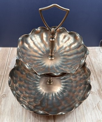 Vintage 70 s Solid Copper Jewelry Fountain & Handle by Gregorian, 2 Tier Tray