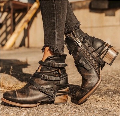 Freebird Crue Distressed Black Leather Ankle Boots with Buckle Straps Size 8