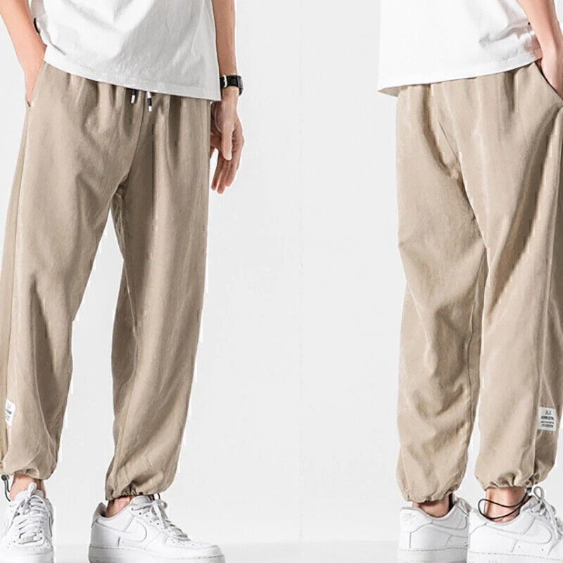 Men's Sport Drawstring Cropped Pants Loose Casual Elastic Trousers Sweatpants