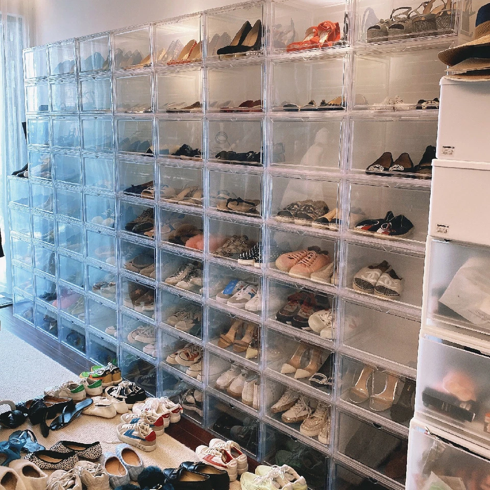 12 Clear Shoe Boxes Magnetic Drop Front Sneaker Rack Storage Organizer Stackable - Image 2 of 4