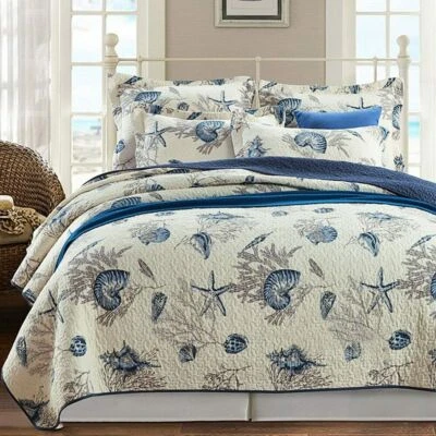 QUALITY NEW! ~ BEACH HOUSE COASTAL SEA SHELL NAUTICAL NAVY BLUE IVORY WHITE QUILT SET