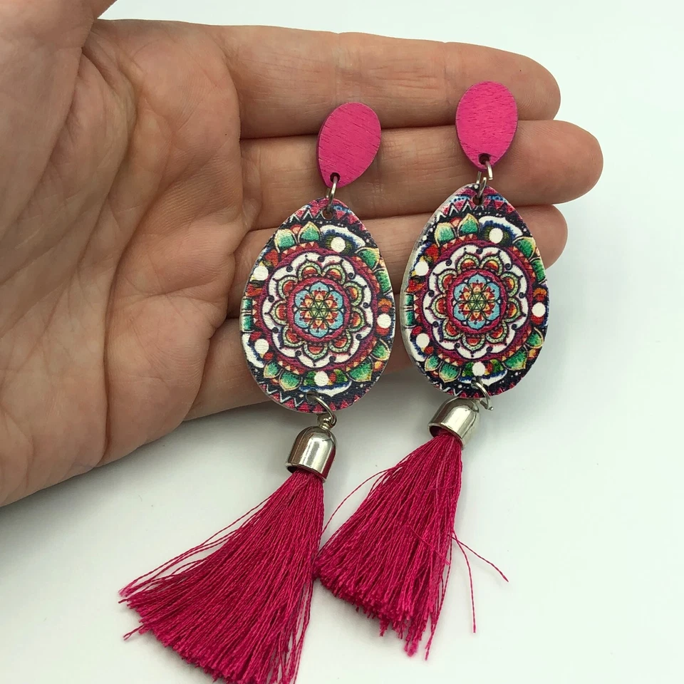 STATEMENT Earrings Pink Tassel & Floral Drop Dangle Pierced Ears Festival Boho - Image 2 of 4
