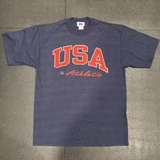 Vintage 90s Russell USA Arch Spell Out Shirt L Made in USA Distressed Atheltics
