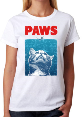 Paws Jaws Parodie Top Katze Kätzchen Hai Damen T-Shirt