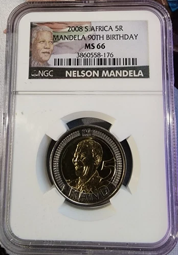 2008 South Africa 5 Rand Nelson Mandela's 90th Birthday Coin NGC MS66