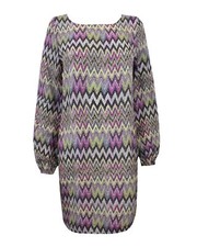 New Ladies Women Elasticised Cuff Long Sleeves Purple ZigZag Swing Dress Top