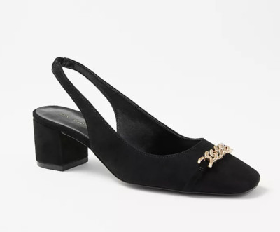ANN TAYLOR BLACK CHAIN SUEDE LEATHER BLOCK HEEL SLING BACK PUMPS SZ 8.5