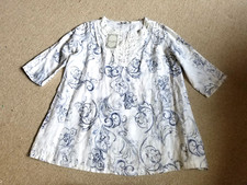 NWT Womens Top-ELENA BALDI-ITALY-white/blue floral linen tunic Beachy Coastal-L