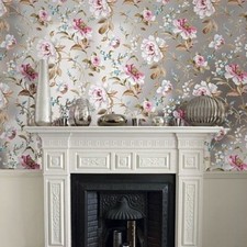 Silver foil metallic pink blossom branches flowers blooming peonies wallpaper 3D