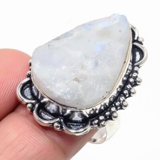 Rouhg Moonstone Gemstone Handmade 925 Sterling Silver Jewelry Ring Size 8 US 