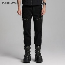 Punk Rave Men Black Gothic Punk Metal Eyelet Handsome Pants Casual Trousers