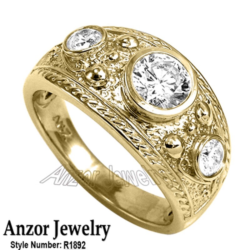 Men's 14k Solid Yellow Gold Lab created Diamond Etruscan Byzantine Style #R1892