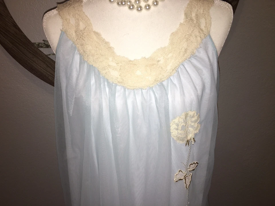 Ночная рубашка женская Aristocraft S двухслойная шифоновая синяя нейлоновая экрю аппликация - Изображение 3 из 4