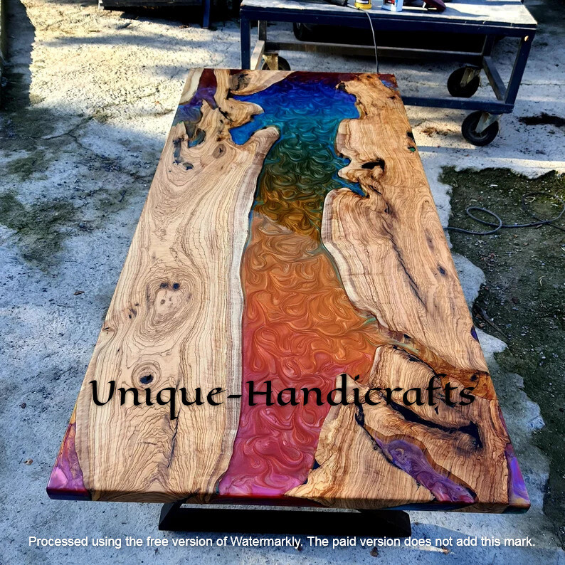 Multi Color Epoxy Resin Dining Table Acacia Wood Countertop Desk Buffet