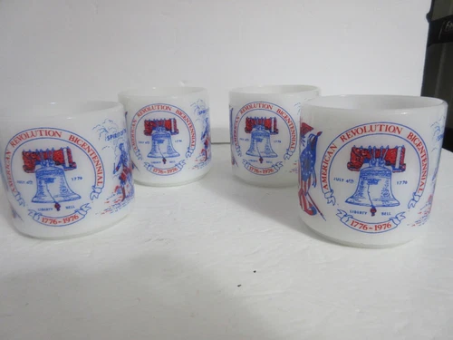 FEDERAL Glass Co Spirit of 76 Bicentennial Milk Glass Mug Mugs Set of 4 NOS