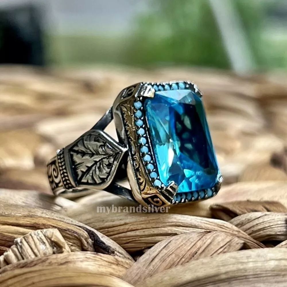 Men s Ring 925K Sterling Silver Turkish Jewelry Blue Topaz Stone All Size