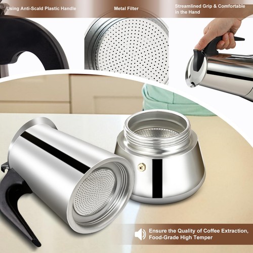 DITOSH 2 Cup Stovetop Espresso Maker Stainless Steel Moka Pot Stove Top Perco... - Picture 7 of 9