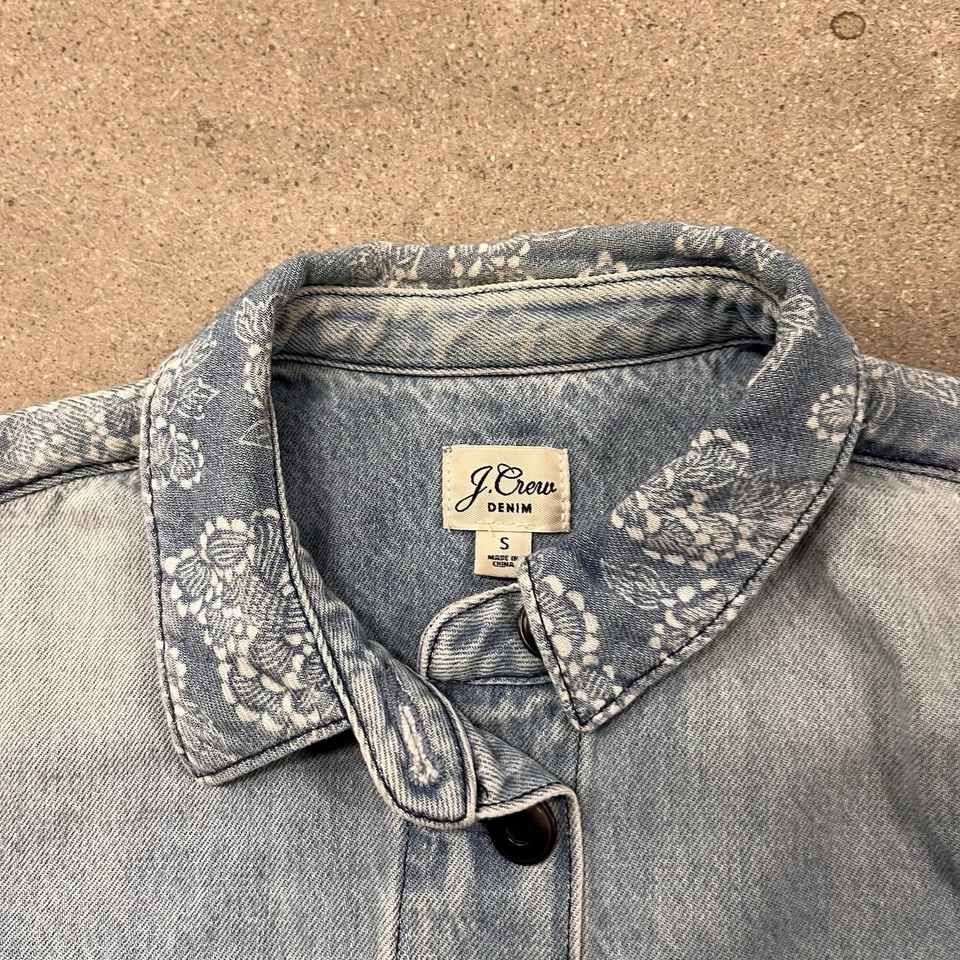 J Crew Jacket Women S Small Denim Chore Bandana Paisley Collar Hemp Blend — 第 2/4 张图片