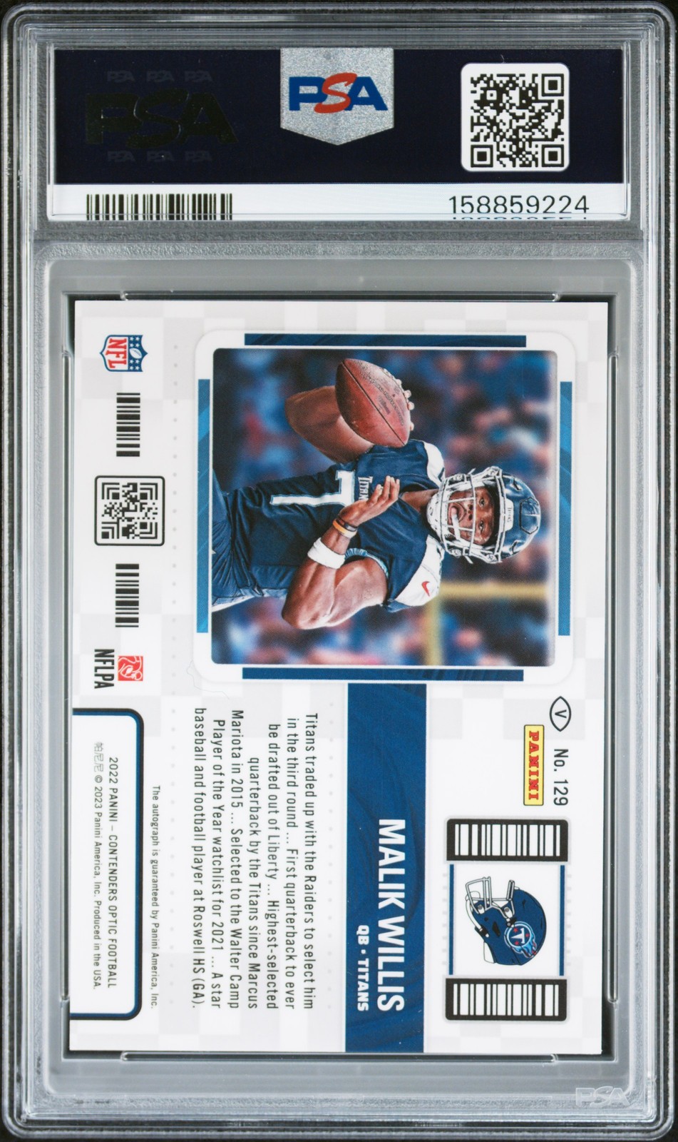 2022 PANINI CONTENDERS OPTIC VARIATION-AUTO #129 MALIK WILLIS ROOKIE RC PSA 9 view 2