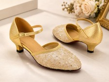 Women  s Gold Lace Glitter Ballroom Dance Shoes Low Heel Ankle Strap