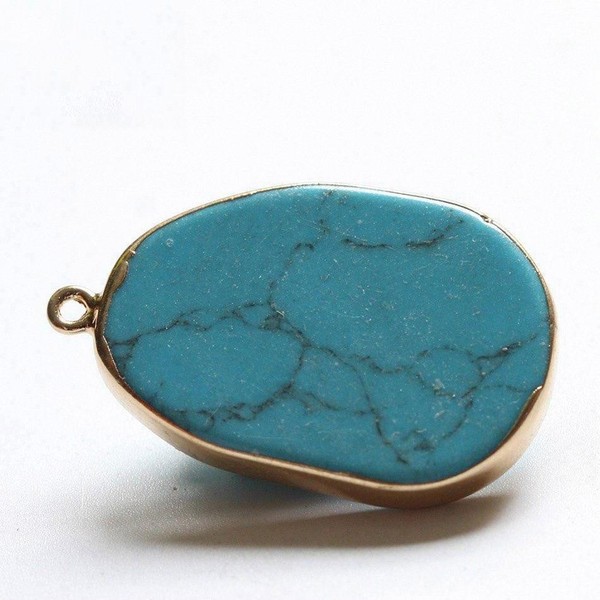 Alternate view of 1pc Gold Plated Turquoise Genuine Gemstone Sided Flat Charm Pendant Nbhk67