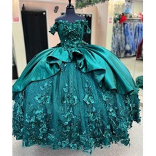 Green Quinceanera Dresses Off Shoulder Sequined 3D Flower Appliques Sweet 16
