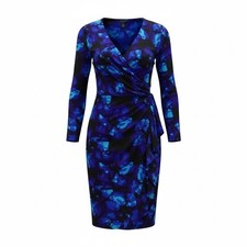 Chaps Womens Blue Black Floral Faux Wrap Sheath Dress Ruched Ruffle V-Neck Small