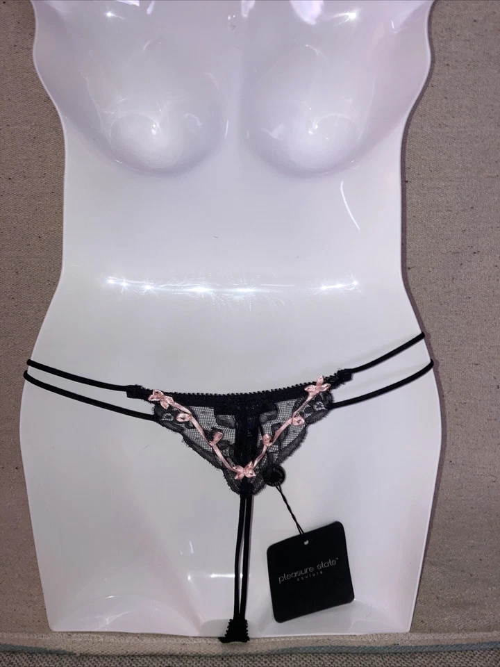 Pleasure State черные кружевные трусики с двойной струной розовая лента бант стринги S новые - Изображение 4 из 4