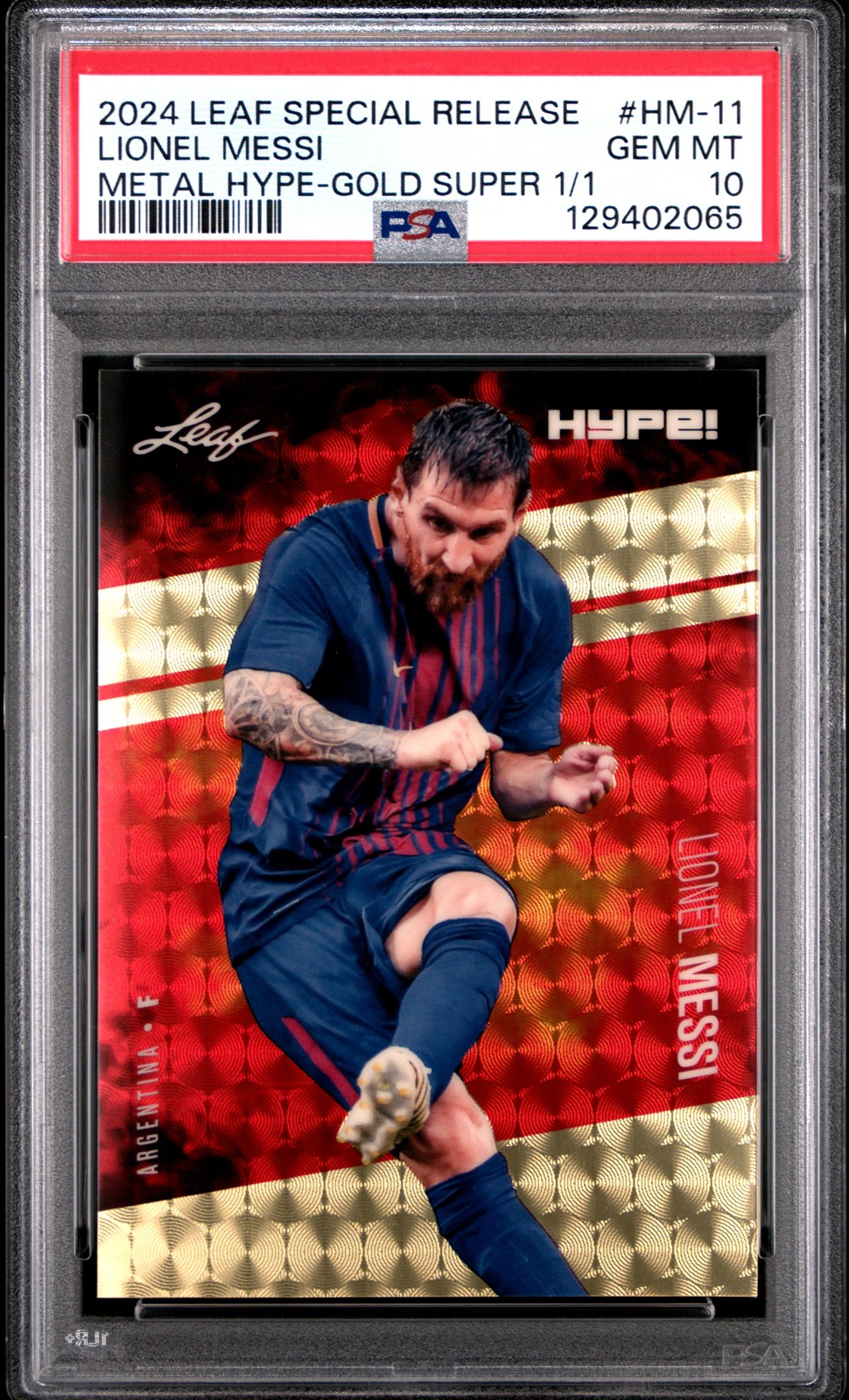PSA 10 Lionel Messi 2024 Leaf HYPE! Metal #HM-11 Gold Superprismatic 1/1 Card