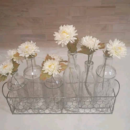 Rustic Farmhouse 6 Glass Bottle Vase Set Metal Rack Centerpiece Decor 16"W