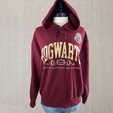 Harry Potter Hogwarts Pullover Hoodie Maroon Sz XL Women  s Gold Lettering