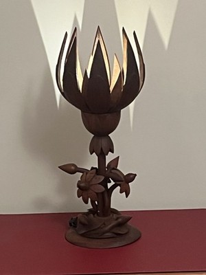 Restored Vintage Buddha Lotus Wooden Lamp   Hand Carved Flower Design   Japanl