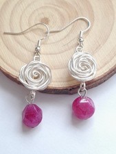 Tourmaline Hot Pink and Wire Wrapped Rose Earrings  In 925 Stering Silver Hooks