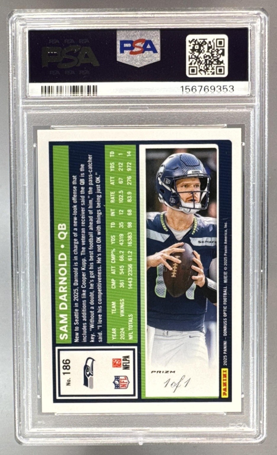 Sam Darnold 2025 Panini Donruss Optic #186 Gold Vinyl Prizm 1/1 PSA 10 view 2
