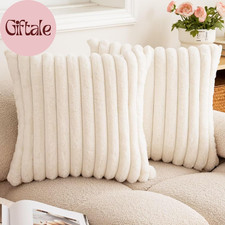 Double-Sided Faux Fur Plush Throw Pillow Covers 18X18 Set of 2 Fuzzy Striped Sof