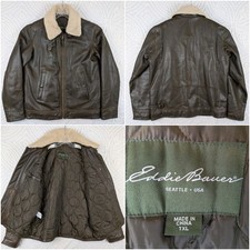 Eddie Bauer Brown Leather Bomber Jacket Shearling Collar Men's XL Tall Aviation