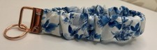 Blue White Floral Fabric Wristlet Scrunchie Key Chain w/ Rose Gold Key Ring