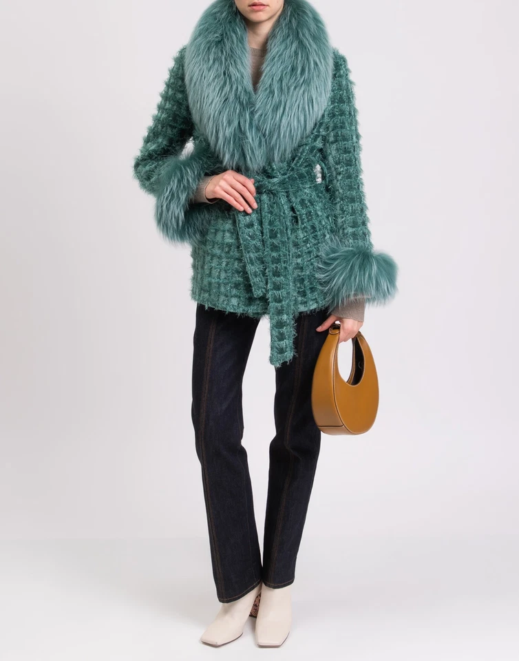 RRP €620 REGINA Woven Wrap Coat Size M Green Belted Raccoon Fur Cuffs & Collar - Image 2 of 4