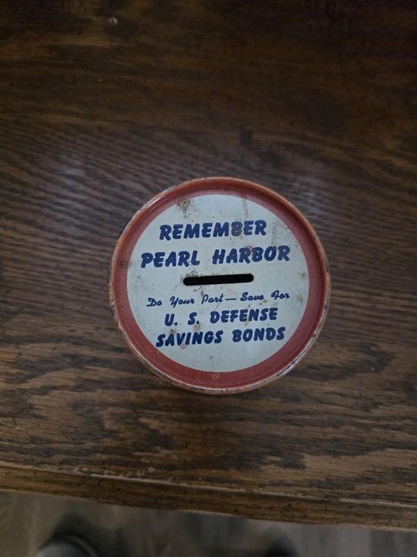 1940s Ohio Art Litho 'Remember Pearl Harbor' Drum Tin Bank, No. 61 WWII Era