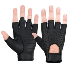 Hugger Men's Leather Fingerless Motorcycle Riding Gloves Summer Breathable Black