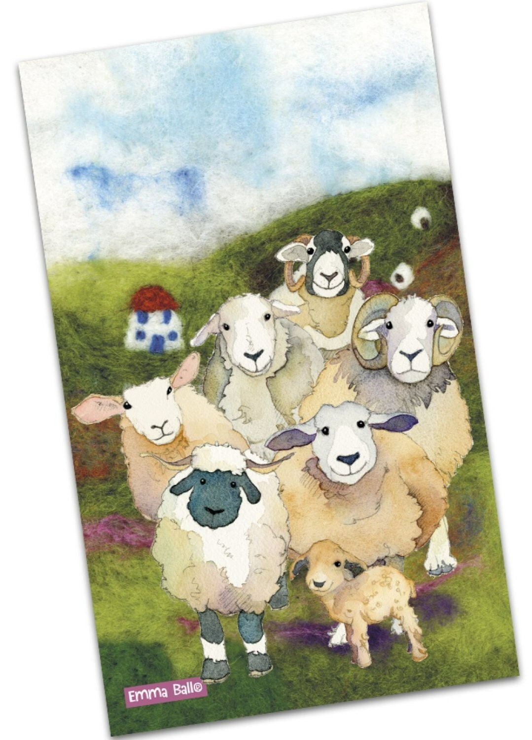 Emma Ball ""Felted Sheep"", Pure cotton tea towel. Printed in the UK.