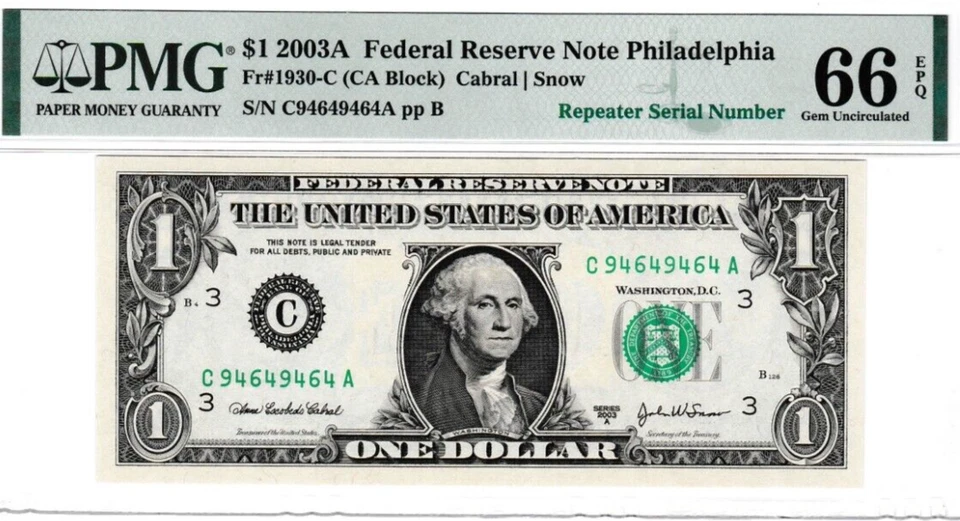$1  Federal Reserve note REPEATER  Serial Number  9464 - 946 - Image 2 of 3