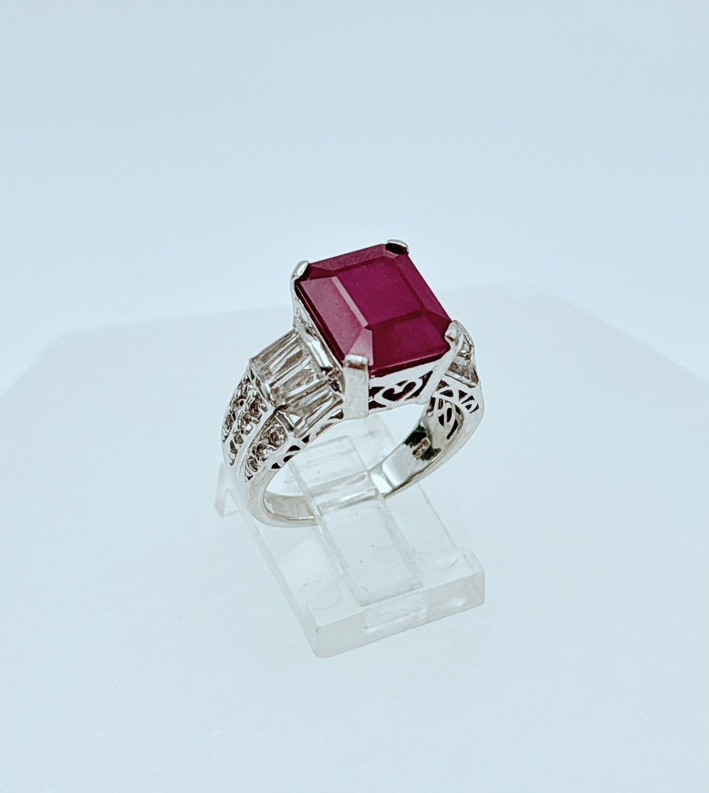 Sterling Silver Ruby Ring Square Stone CZ Baguett… - image 3