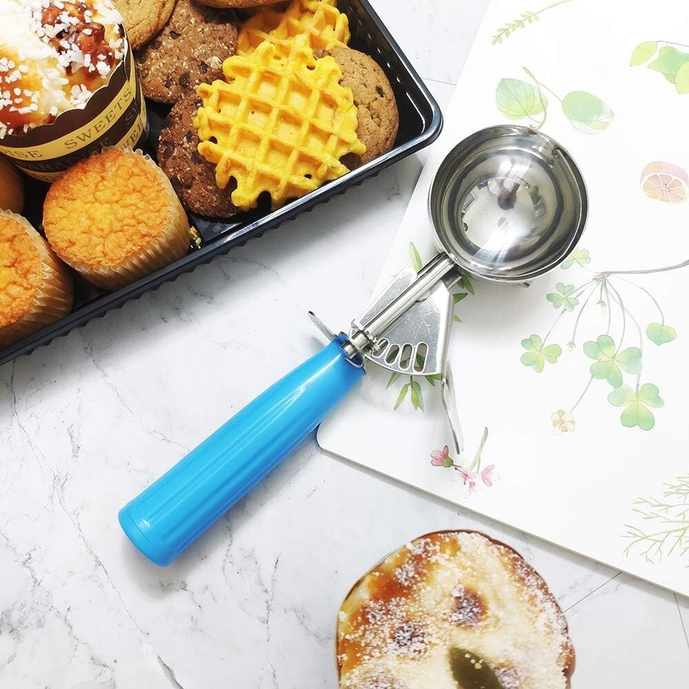 Ergonomic 2 oz Stainless Steel Portion Scoop with Blue Handle for Easy Control
