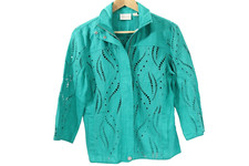 Chico's Jacket 100 Linen New Women Lightweight Coat Green Eyelet Pocket Small 0