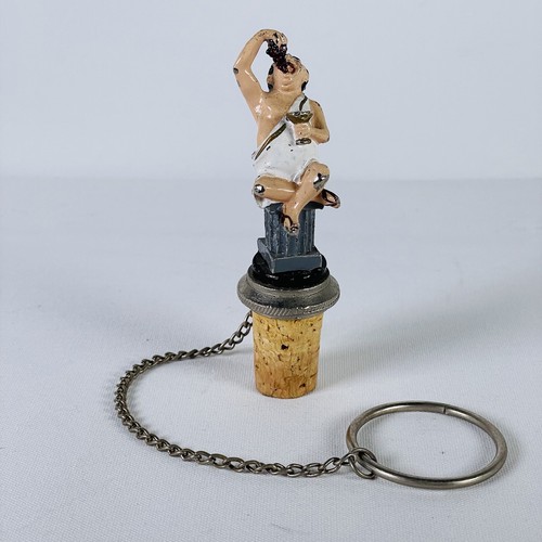 Vtg WTU Pewter Emperor Figure Eating Grapes Wine Bottle Stopper Cork Ring Chain - Picture 3 of 12
